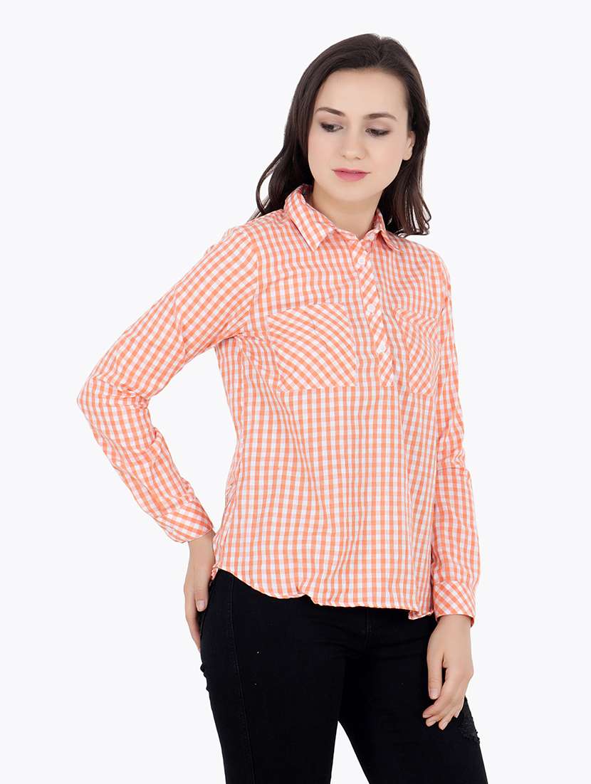 women checkered round neck high low top - 21711340 - Standard Image - 1