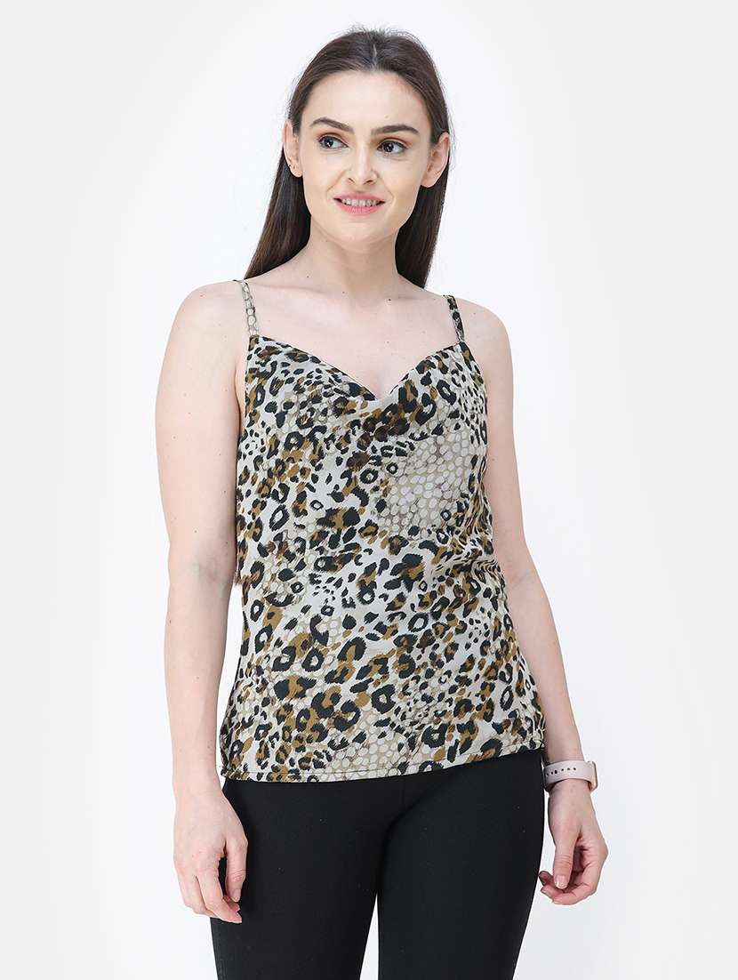 women animal print cowl neck regular top