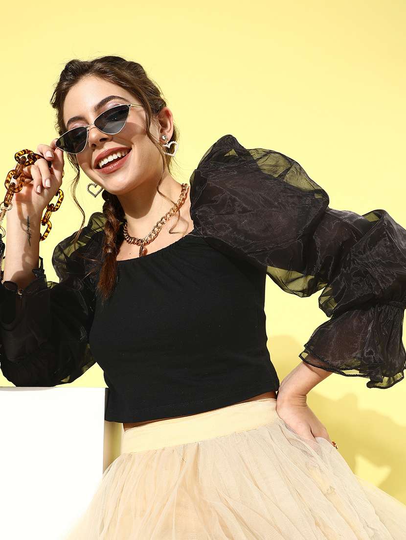 women solid puff sleeves crop top - 21711431 -  Standard Image - 1