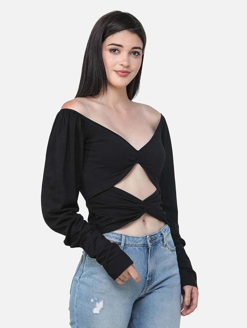 women solid cut out detailed crop top - 21711441 -  Standard Image - 1