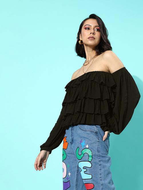 women solid off shoulder layered top - 21711460 -  Standard Image - 0