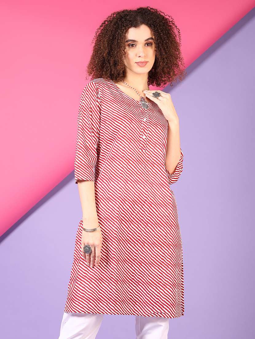 women striped three quarter sleeve straight kurta