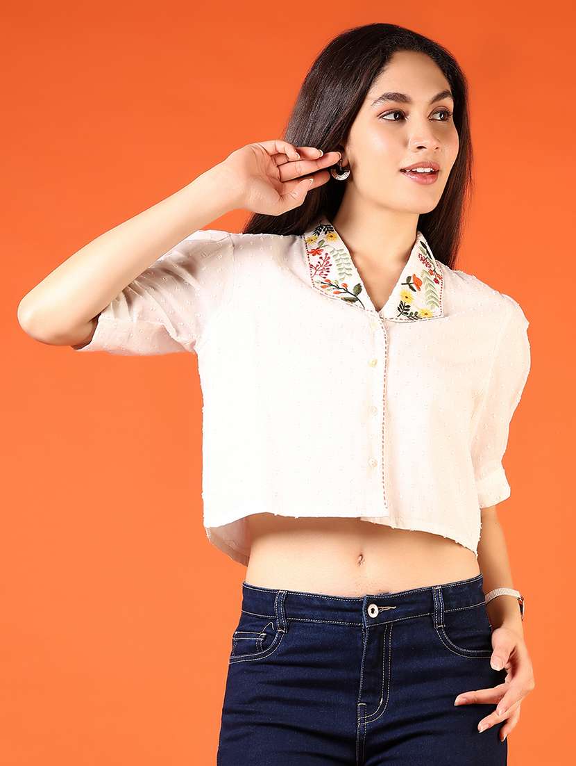 woomen embroidered collared crop top