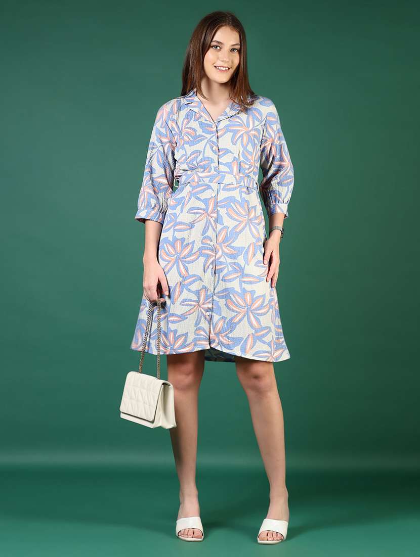 women printed collared a-line dress