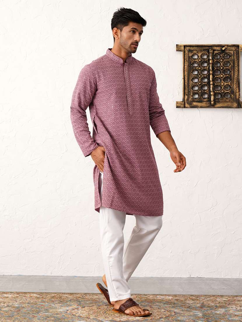 men mandarin neck embroidered kurta pyjama set - 21711771 - Standard Image - 1