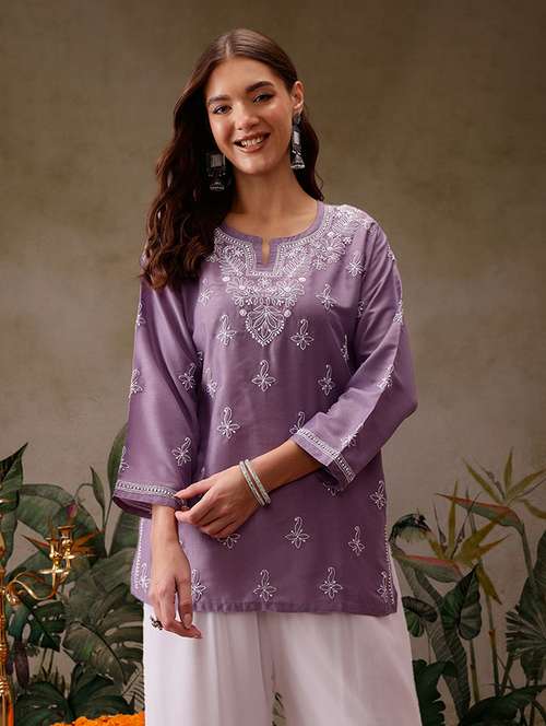 women chikankari work notch neck kurti - 21711773 -  Standard Image - 0