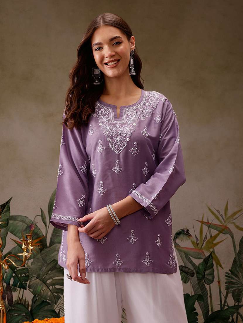 women chikankari work notch neck kurti - 21711773 -  Zoom Image - 0