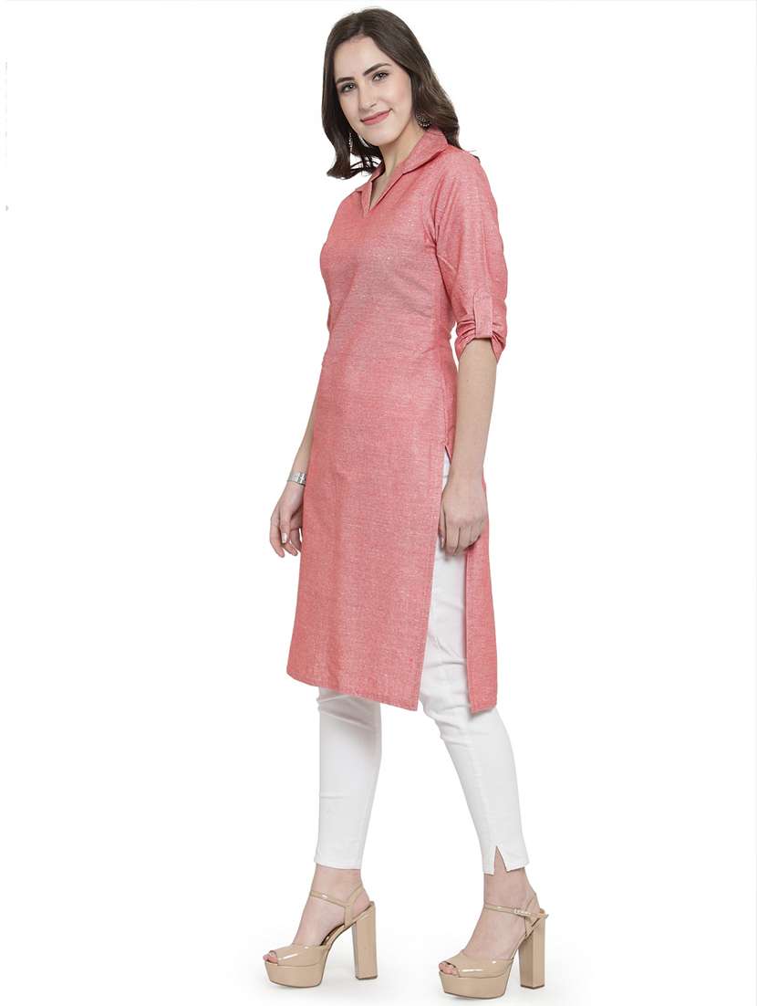 women solid three quarter sleeve straight kurta - 21712081 -  Standard Image - 1