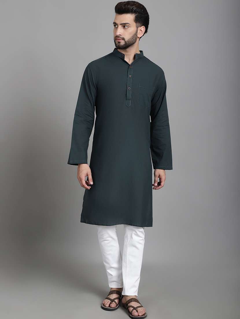 men mandarin neck solid long kurta - 21712140 - Standard Image - 4