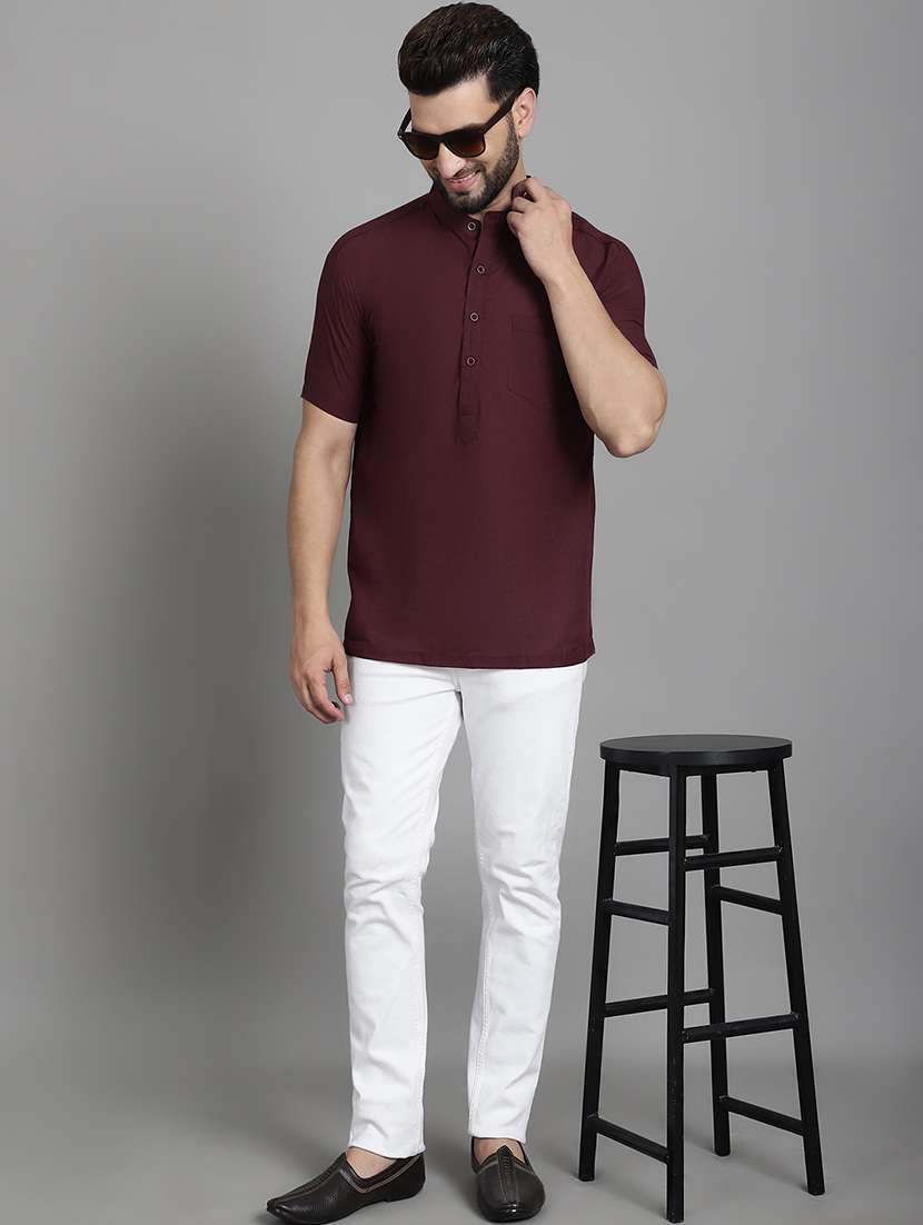 men mandarin neck solid short kurta - 21712143 - Standard Image - 4