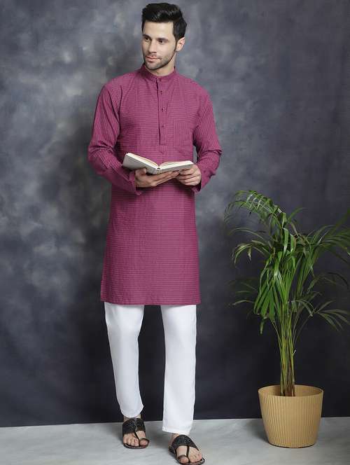 men mandarin neck striped long kurta - 21712144 - Standard Image - 0