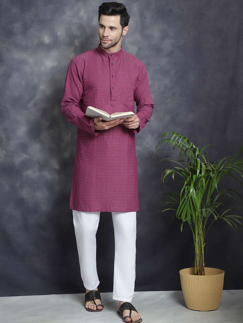 men mandarin neck striped long kurta - 21712144 - Zoom Image - 0