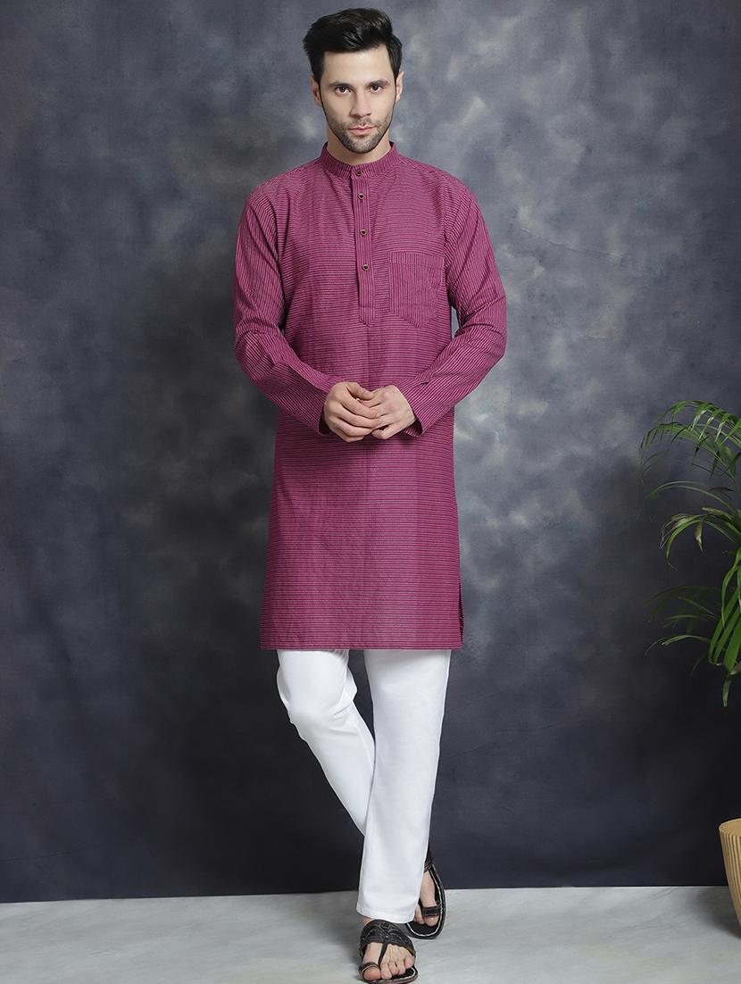 men mandarin neck striped long kurta - 21712144 - Standard Image - 1