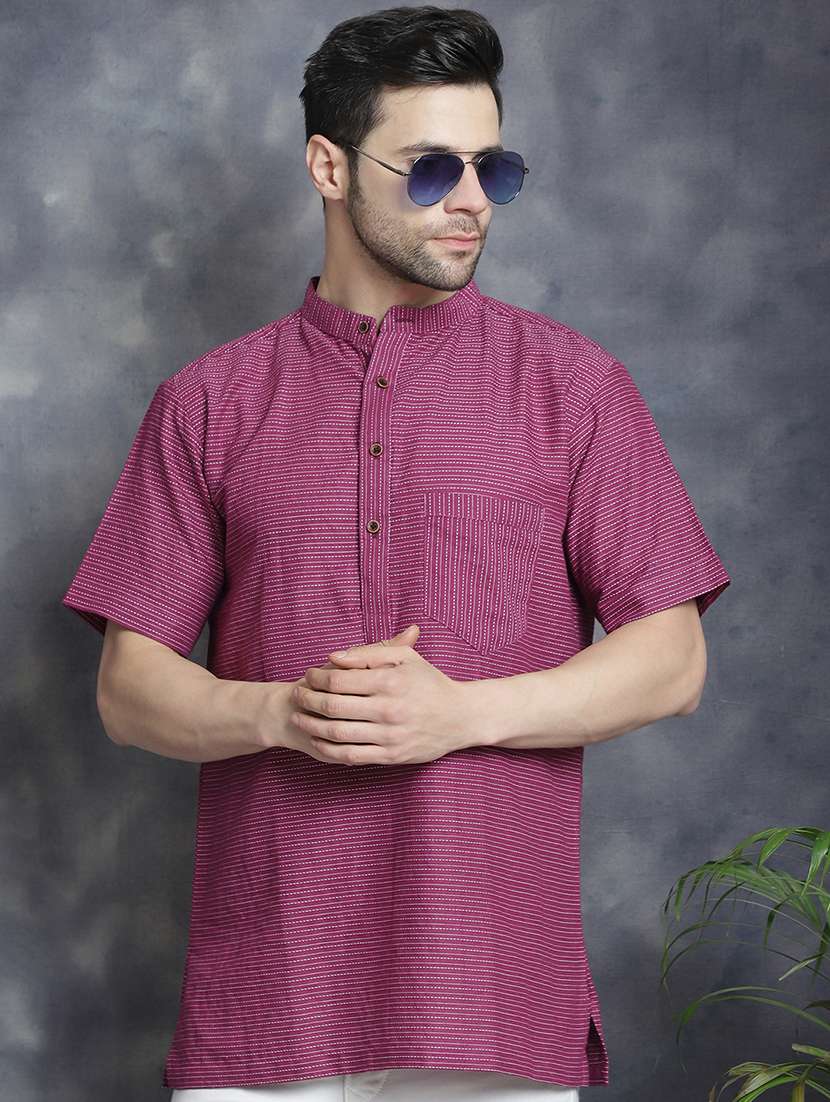 men mandarin neck striped short kurta - 21712145 -  Standard Image - 1