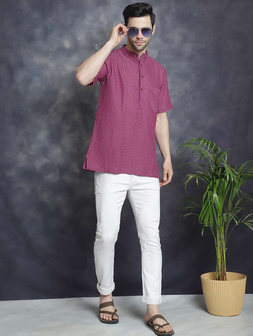 men mandarin neck striped short kurta - 21712145 -  Standard Image - 4
