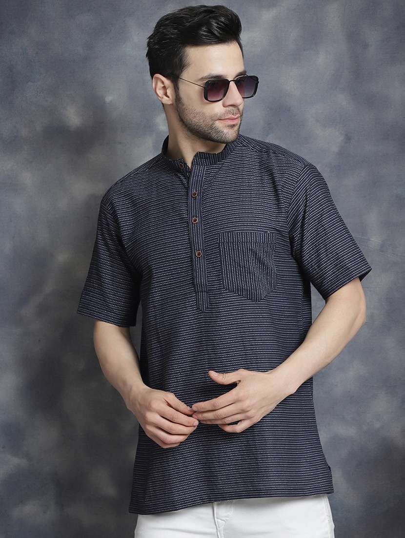 men mandarin neck striped short kurta - 21712147 -  Standard Image - 1