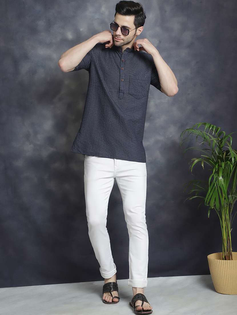 men mandarin neck striped short kurta - 21712147 -  Standard Image - 4