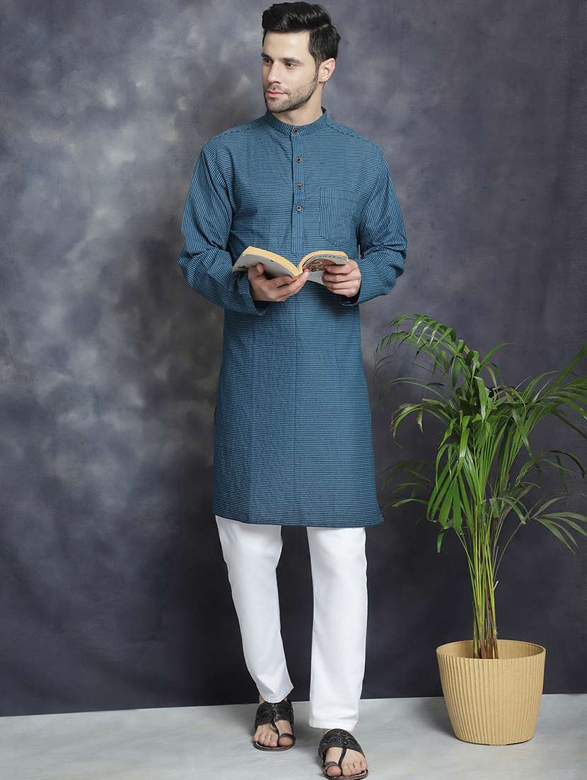 men mandarin neck striped long kurta - 21712148 - Zoom Image - 0