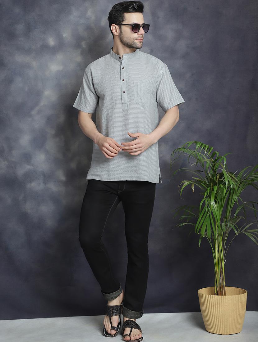 men mandarin neck striped short kurta - 21712153 - Standard Image - 4