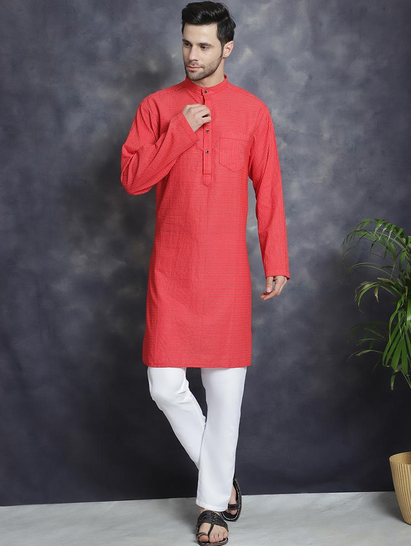men mandarin neck striped long kurta - 21712156 - Standard Image - 1