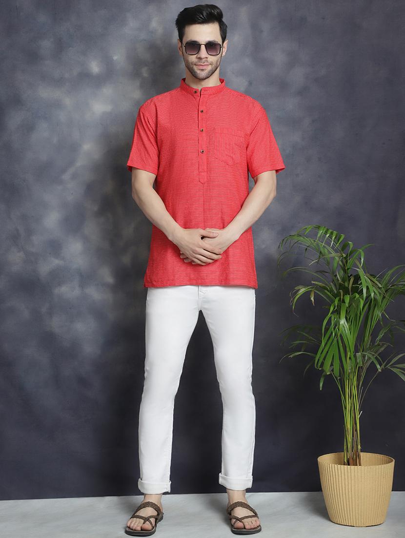 men mandarin neck striped short kurta - 21712157 - Standard Image - 4