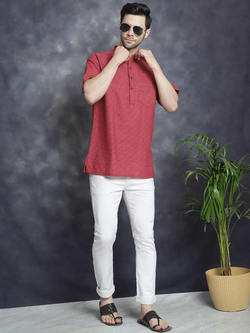 men mandarin neck striped short kurta - 21712161 - Standard Image - 4