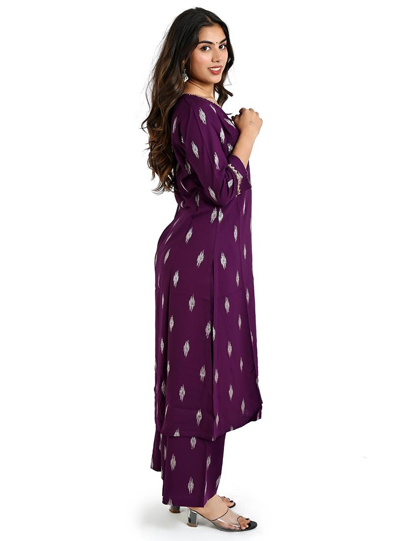 women purple ikat round neck kurta palazzo set - 21712232 - Standard Image - 1