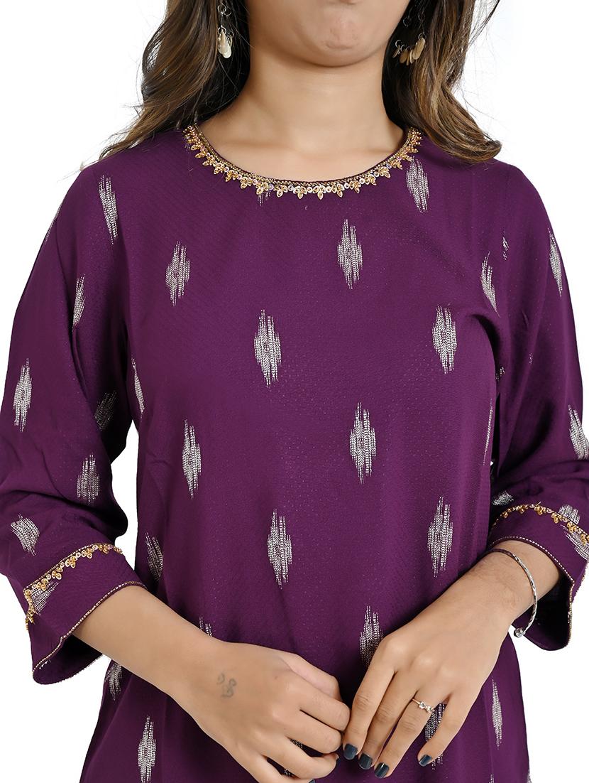 women purple ikat round neck kurta palazzo set - 21712232 - Standard Image - 4