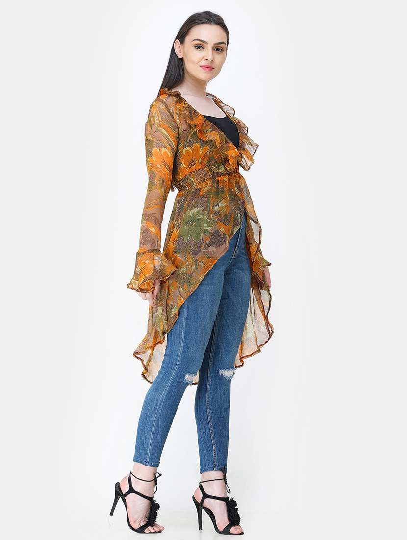 women printed long sleeves asymmetric shrug - 21712609 - Standard Image - 1