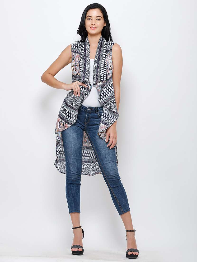 women printed sleeveless asymmetric shrug - 21712610 -  Standard Image - 1