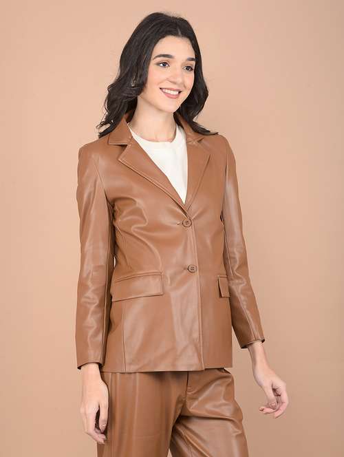 women solid long sleeve leather coat - 21713443 - Standard Image - 0