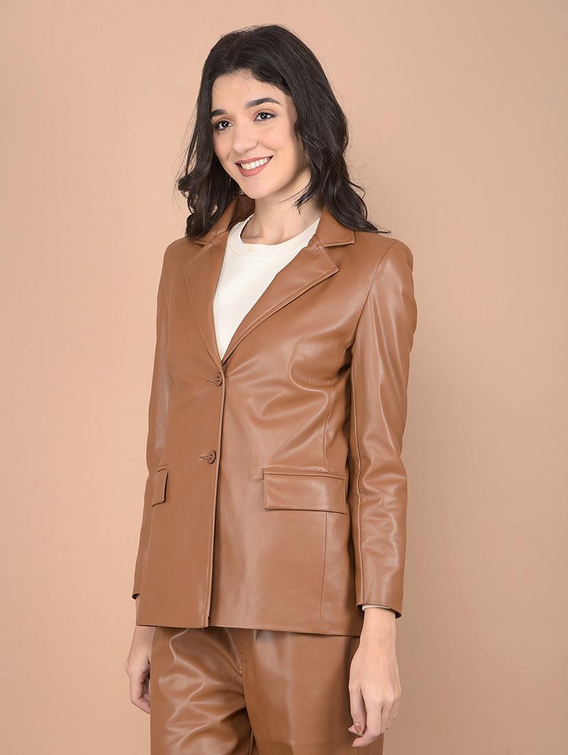 women solid long sleeve leather coat - 21713443 - Standard Image - 1