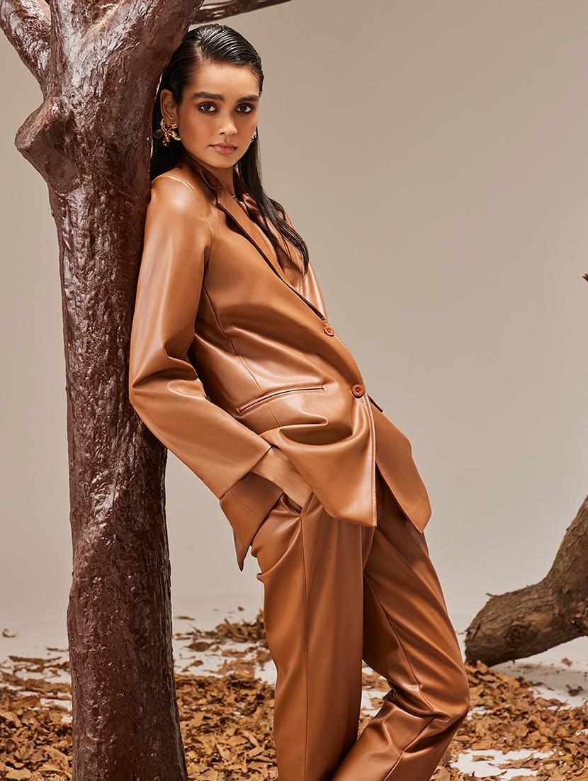 women solid long sleeve leather coat - 21713443 - Standard Image - 4