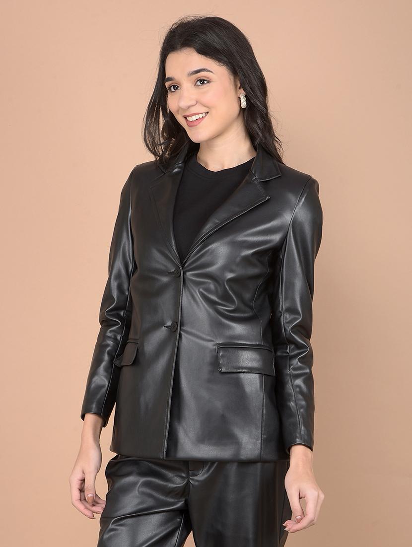 women solid long sleeve leather coat - 21713444 - Zoom Image - 0