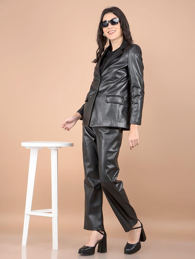 women solid long sleeve leather coat - 21713444 - Standard Image - 4