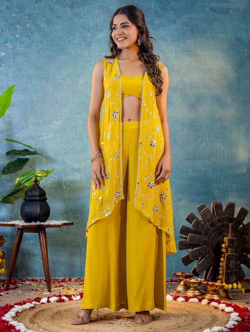 women mustard mirror work fusion set - 21713461 - Standard Image - 0