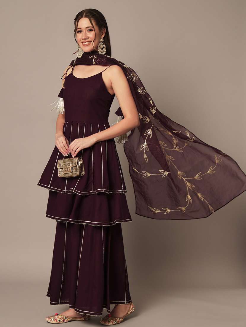 women stripes kurta sharara set with dupattas