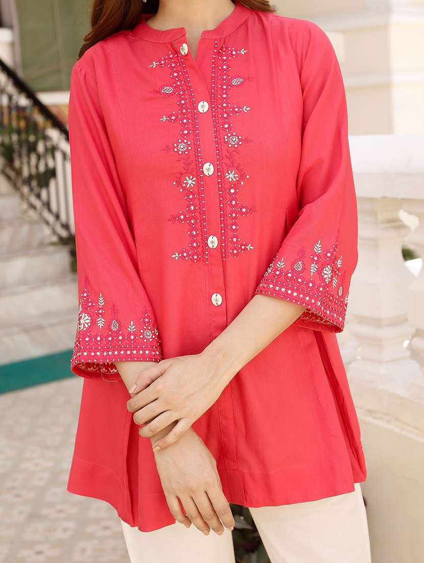 women embroidered mandarin a-line kurti - 21713564 -  Standard Image - 4