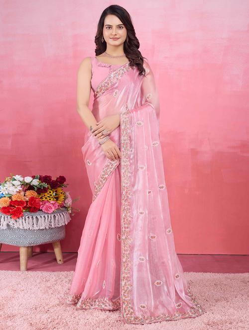 women pink embroidered saree with blouse - 21713579 - Standard Image - 0