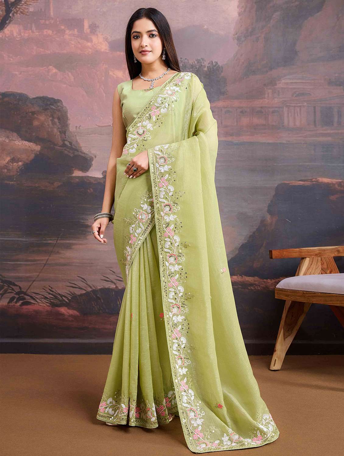 women neo mint embroidered saree with blouse
