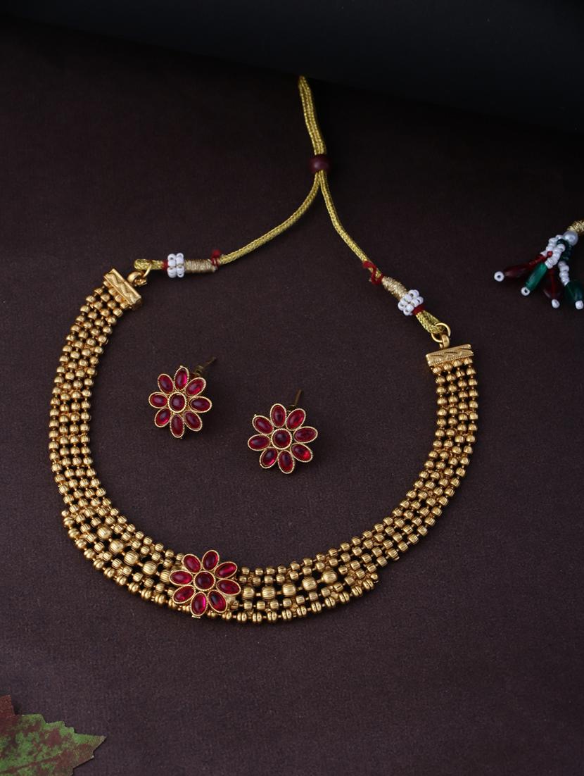 traditional gold plated necklace earring set - 21713797 -  Standard Image - 1