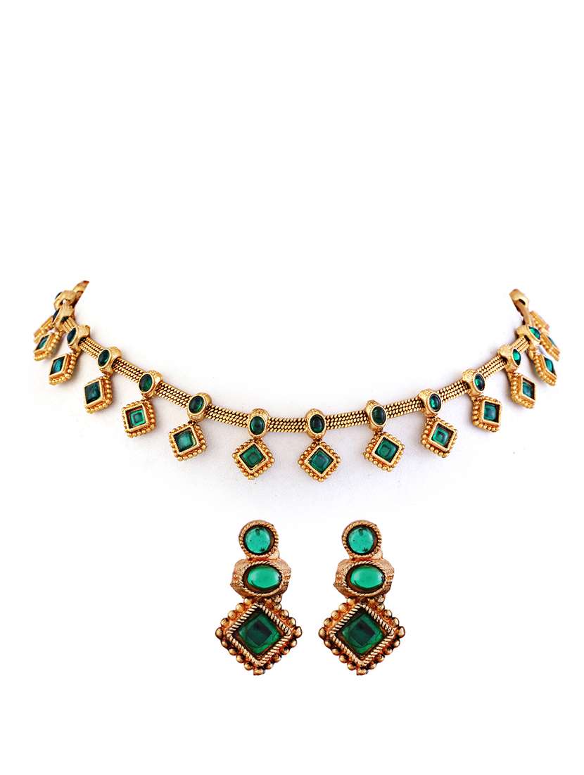 green and gold stone studded jewellery set - 21713798 - Standard Image - 1