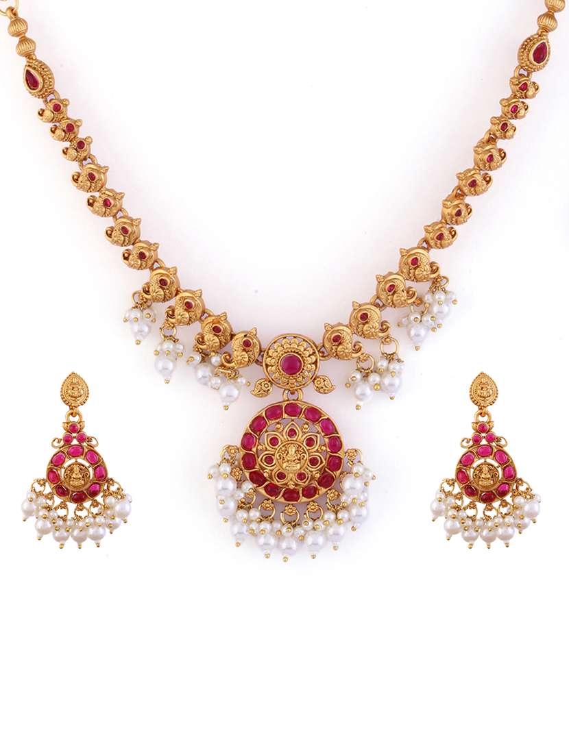 gold-plated red stone embellished jewellery set - 21713804 -  Standard Image - 1