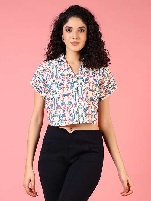 women printed collared crop shirt - 21713895 - Standard Image - 0