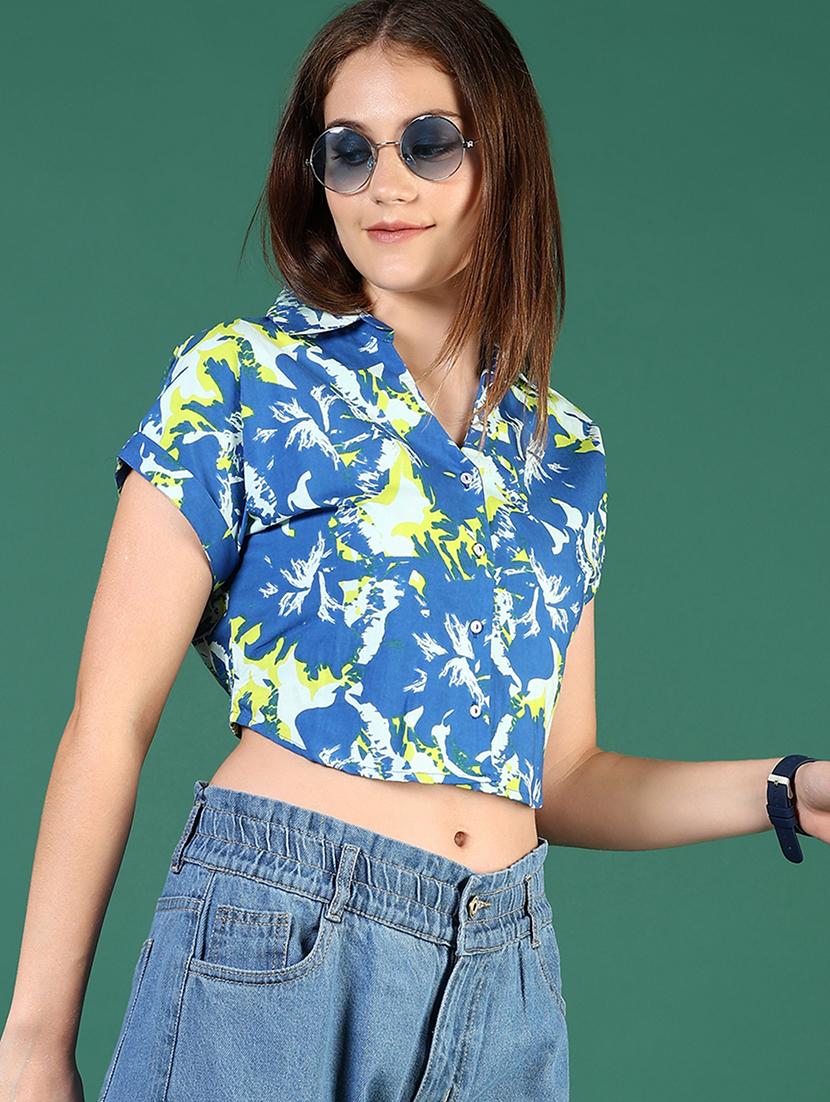 women blue printed short sleeve crop shirt - 21713896 - Zoom Image - 0