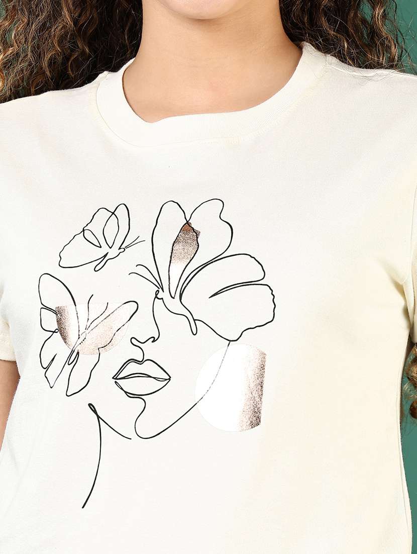 women off white front print round neck t-shirt - 21713917 -  Standard Image - 4