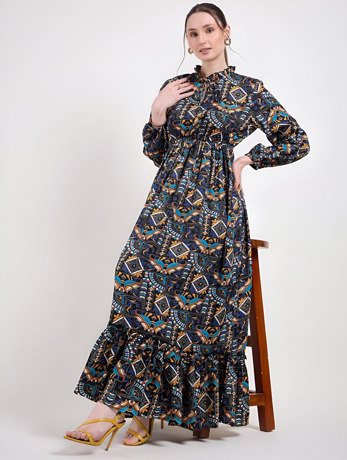 women printed tie up neck tiered dress - 21713977 - Standard Image - 4