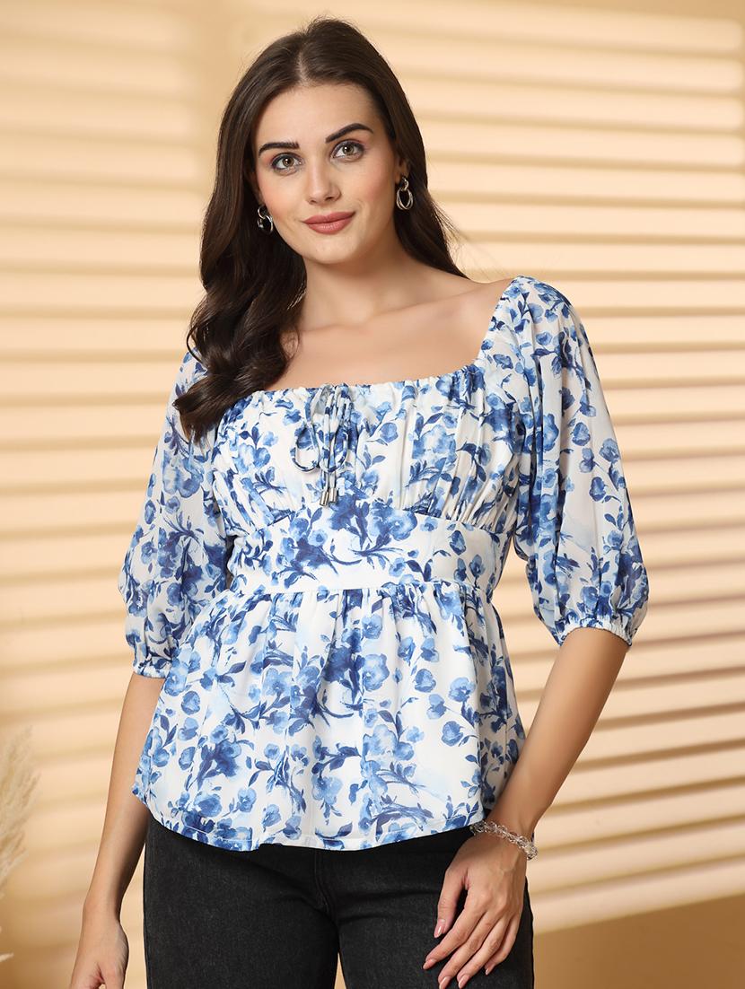 women floral print puff sleeves peplum top - 21714137 - Zoom Image - 0
