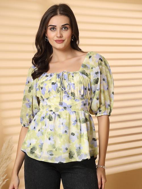 women printed puff sleeves peplum top - 21714138 -  Standard Image - 0