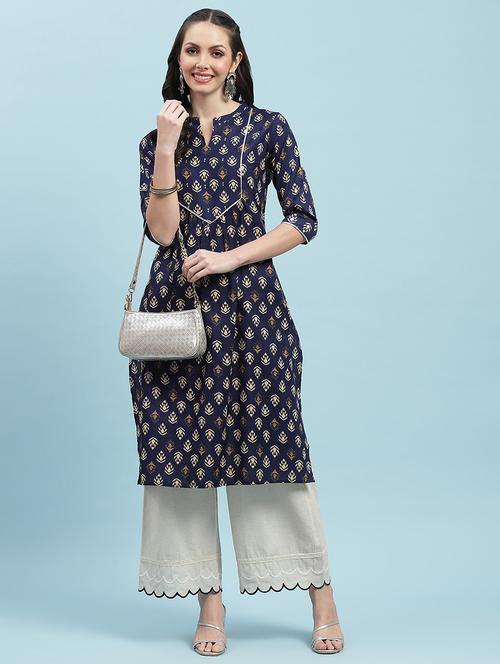 women printed three quarter sleeves straight kurta - 21714237 - Standard Image - 0